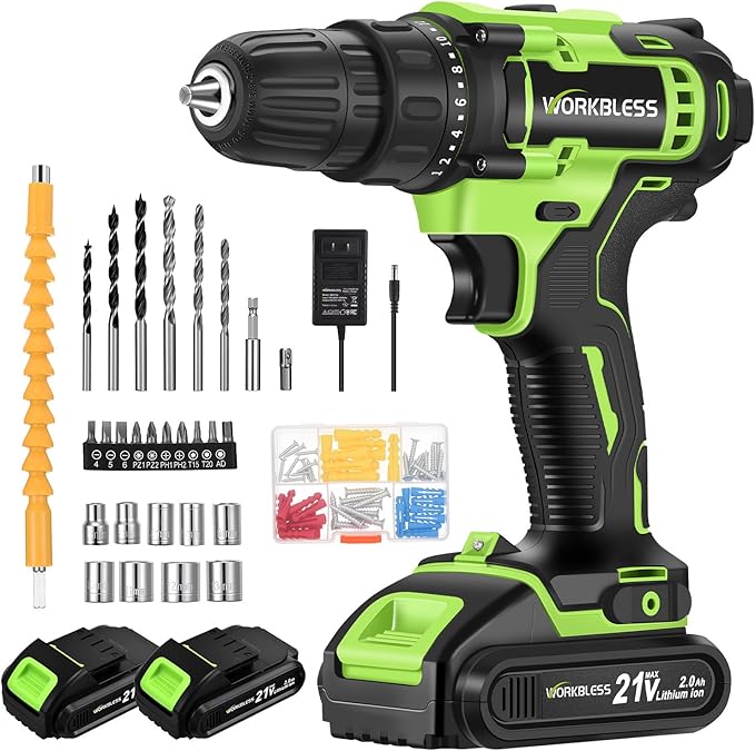 WORKBLESS 21V Power Drill Set, Cordless Drill with Batteries and Charger, 3/8'' Keyless Chuck, Variable Speed, 18+1 Torque Setting and 28pcs Bits Tool Set(Green, 2 Batteries)
