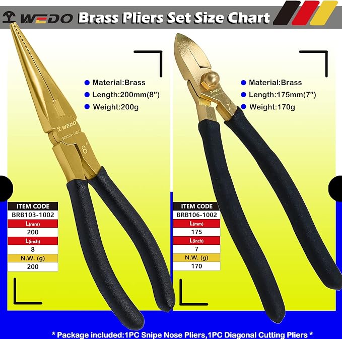 WEDO Brass Pliers Set with Non-Slip Handle - 8" Snipe Nose, 7" Diagonal Cutting Pliers