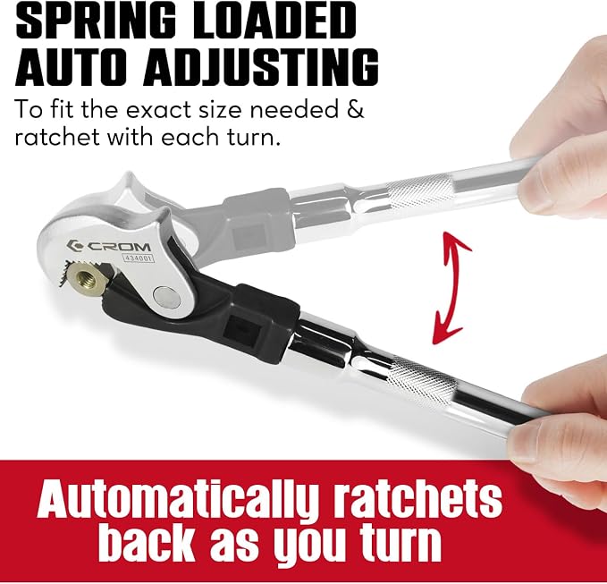 CROM Adjustable Crowfoot Wrench Set - Spring Loaded Wrench – Male & Female Square Drives Work With Ratchet, Breaker Bar, Extension Bar (3 Piece Set (1/4", 3/8", 1/2"))