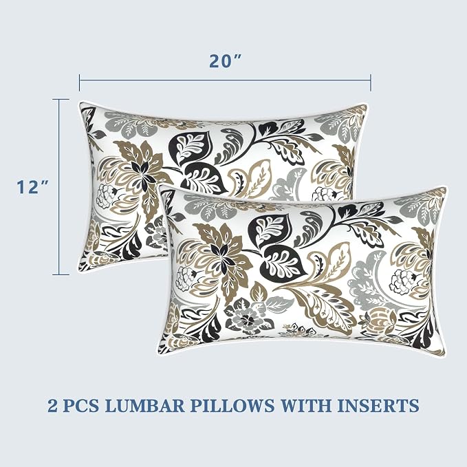 LVTXIII Set of 2 Outdoor Lumbar Pillows for Patio Furniture with White Piping, 12"x20" Fade Resistant Patio Lumbar Pillows with Inserts for Home Coach Sofa Use, Dailey Tan