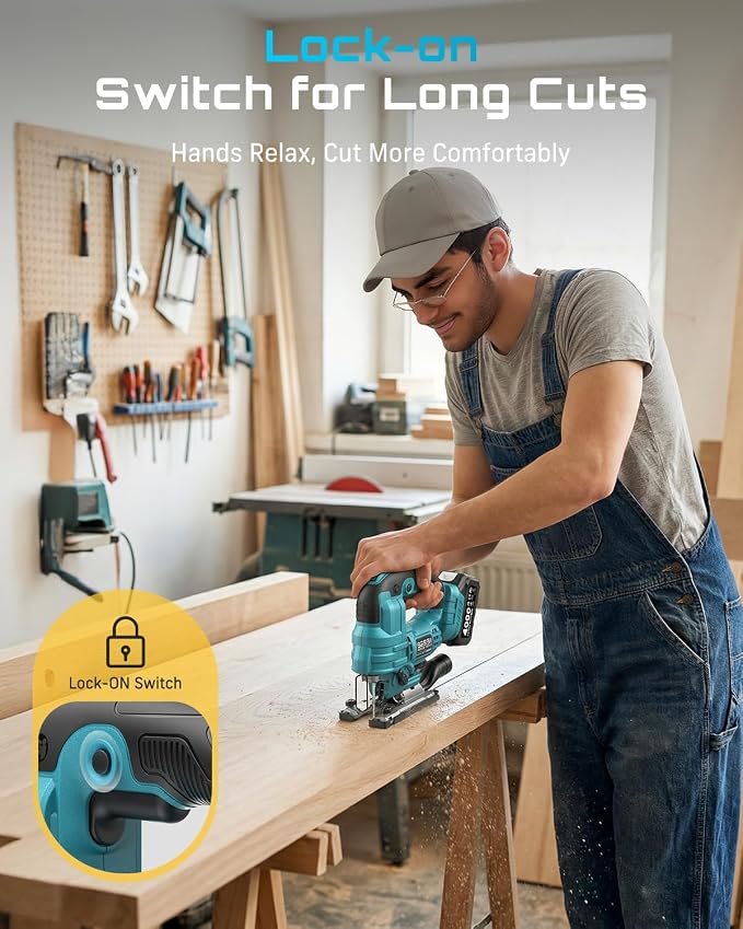 SEESII Brushless Jig Saw, Cordless Jigsaw Tool 2×4.0Ah Batteries | 0–45° Bevel Cut, 3500 SPM Variable Speed, 4 Orbital, Electric Jig Saw for Woodworking, Cutting Wood Metal PVC