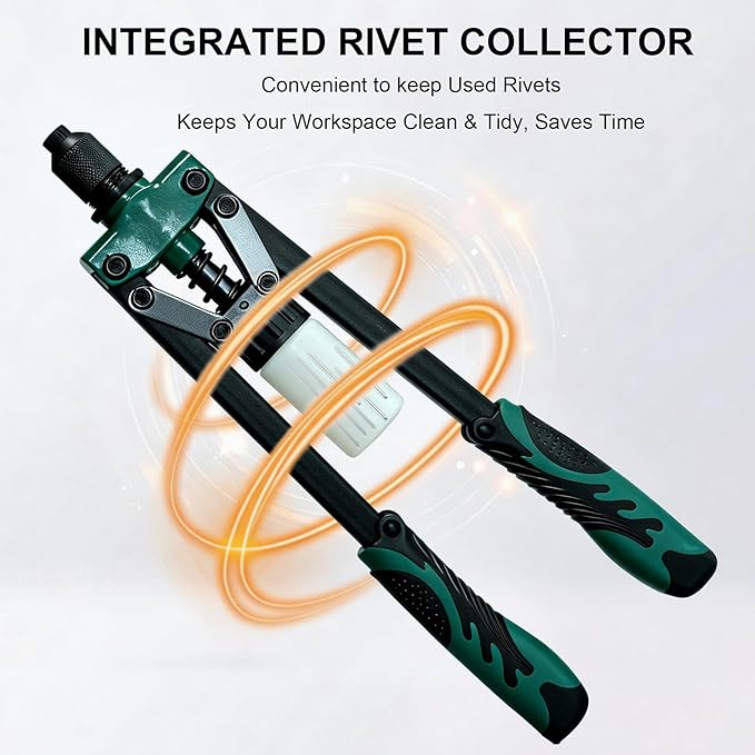 Heavy Duty Double Handle Rivet Gun, Professional Riveting Tool for Metal Working & Auto Repair, Handles 1/8” to 3/16” Rivets, with 3 Interchangeable Nosepieces & Storage Case