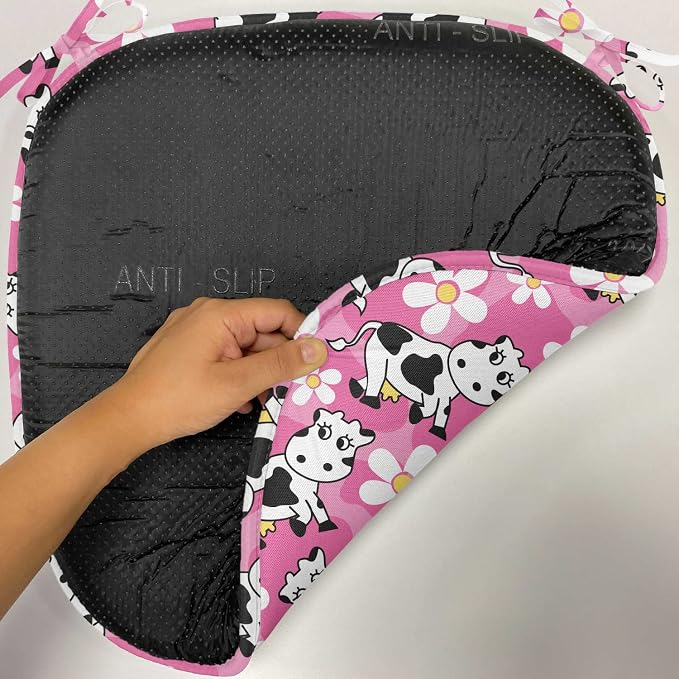 Lunarable Cow Chair Seating Cushion Set of 4, Cartoon Pattern Domestic Farm Animal and Daisy Flowers, Anti-Slip Seat Padding for Kitchen & Patio, 16"x16", Pink Charcoal Grey