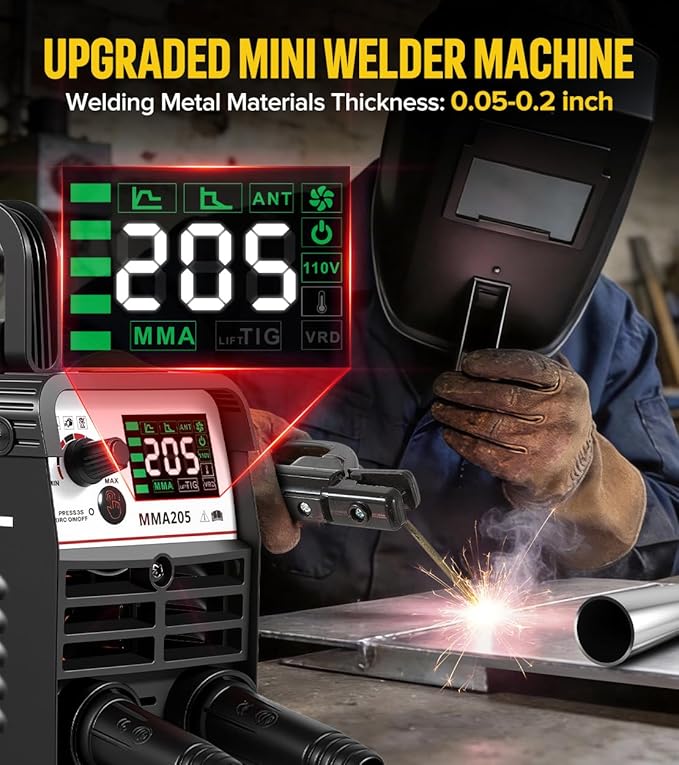 HONE Upgraded MINI Welding Machine, 205Amp Include 25 Rods Stick Welder with Lift Tig Welding, IGBT Inverter Mini Welder Machine 110v with Hot Start Arc Force Anti-Stick VRD for 1/16"-1/8" Rod.