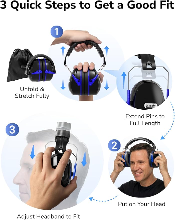 Dr.meter Noise Reduction Ear Muffs, SNR31dB Hearing Protection Sensory Earmuffs, Noise Cancelling Headphones for Adults Ear Protection for Gun Range, Yard Work, Mowing, Monster Truck, Fireworks