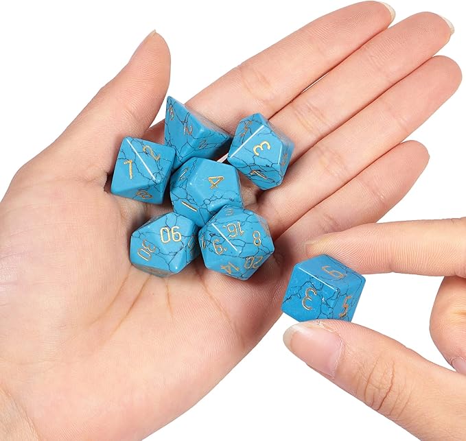 mookaitedecor 7 PCS Blue Howlite Turquoise Crystal Polyhedral DND Dice Set, Polished Tumbled Stones Dices for RPG MTG Table Games Home Decoration