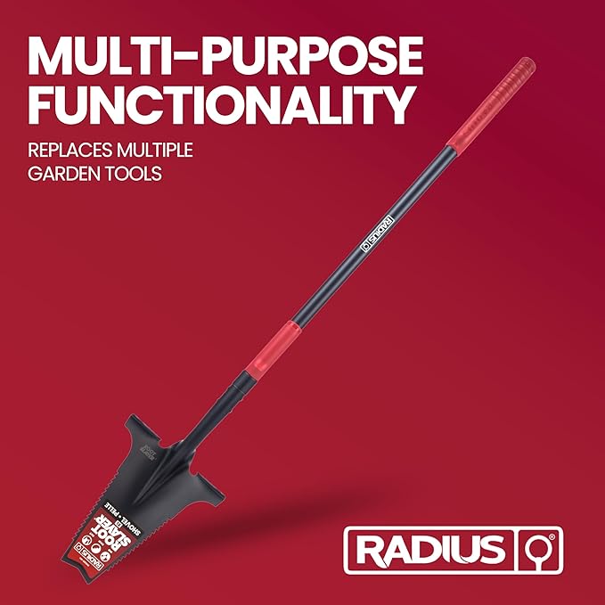 Root Slayer RS225 Long Handle Serrated Garden Shovel for Digging and Root Cutting, Fiberglass Shaft, Heavy Duty Steel Spade, Black