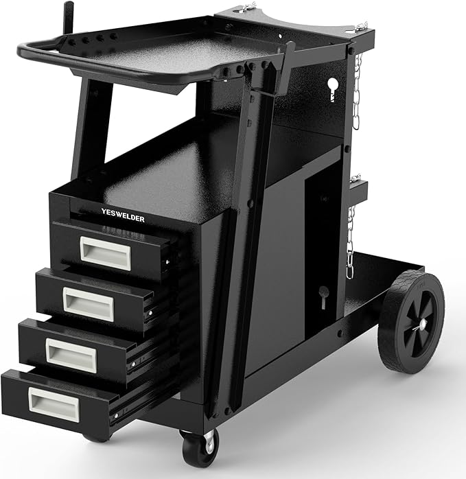 YESWELDER 2-Tier Welding Cart with 4 Drawers, Heavy Duty Large Storage Welding Trolley with 360° Rolling & Safety Chains for MIG TIG Welder and Plasma Cutter