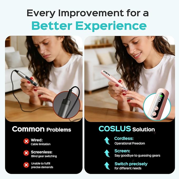 COSLUS C52 Electric Cordless Nail Drill: Professional Nail File kit with LED Screen for Acrylic Gel Powder. Portable for Home DIY & Salon Use. Manicure Pedicure for Beginners, Women, Travel, Red