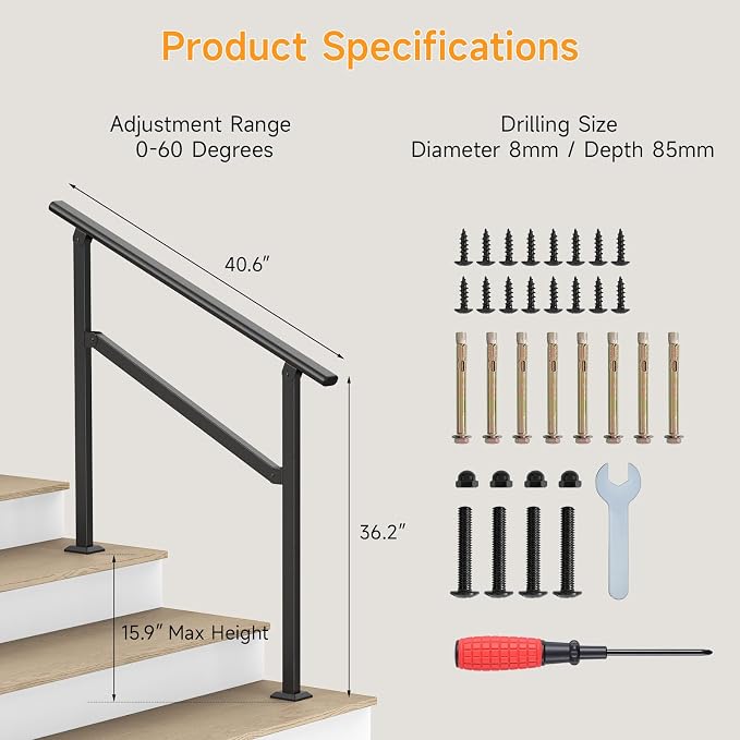 Hand Rails for Outdoor Steps 2-5 Steps Wrought Iron Handrails | Stair Railing for Porch, Home, Garden, Indoor, Staircase Handrails for Wooden, Cement, Brick, Marble (3 Steps)
