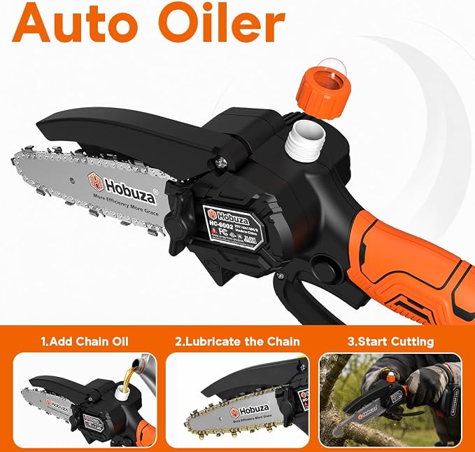 HOBUZA 6 Inch Brushless Mini Chainsaw, Lightweight One-Hand Saw for Pruning | 880W Brushless, Lightweight 1-Handed & Women-Friendly, 2x2.0Ah Batteries 4-6H Runtime, Auto Oiler, Safety Lock for Tree Work