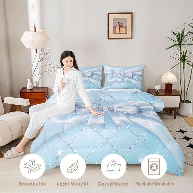 Feelyou Blue Bow Bedding Set Soft for Boys Girls, Glitter Bowknot Comforter Set Queen Size Princess Duvet Quilt Microfiber Bedroom Decor 3 Pcs with 2 Pillow Cases