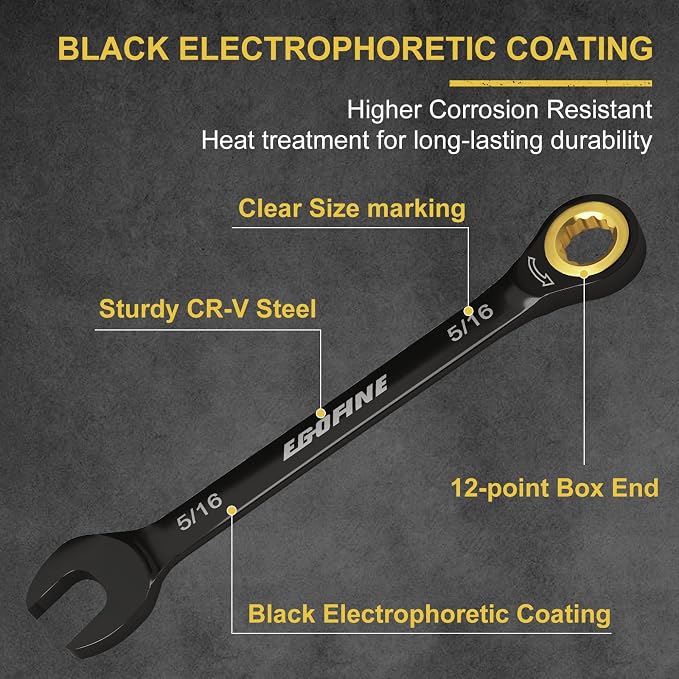 Egofine 5/16 Ratchet Wrench, 5/16 Wrench Ratcheting Combination Wrenches SAE, Industrial Grade Gear Spanner with 12 Point Box End, 72-Teeth Ratchet Black Electrophoretic Coating,CR-V