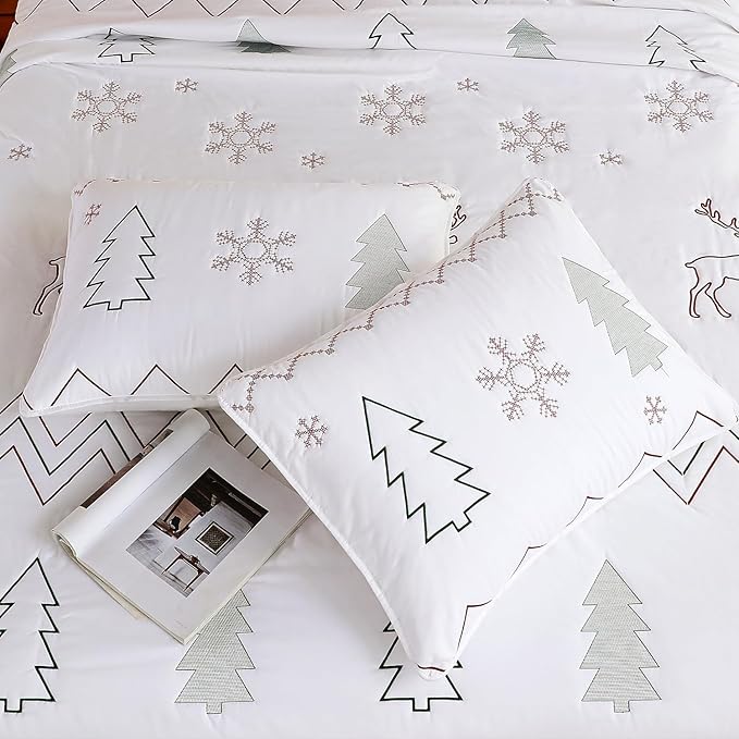 Cmfshape Christmas Embroidery Quilt Set,3 Pieces King Size Xmas Tree Reindeer Pattern Bedding Set,Reversible Christmas Bedspread Coverlet,Holiday Bedding(106"x96")