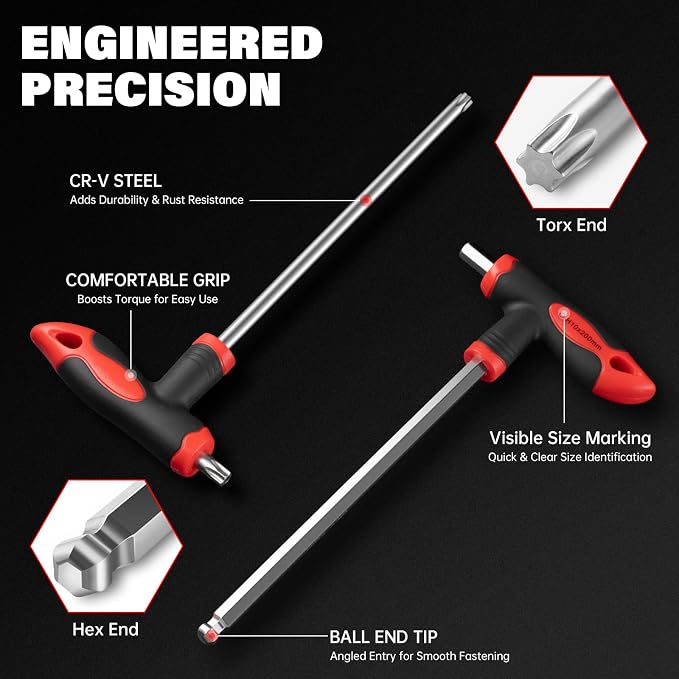 ROTATION 16pc Hex and Torx Wrench Set, T Handle Allen Key with Case | For Long Shafts, Storage Rack, Auto, Bike, Moto