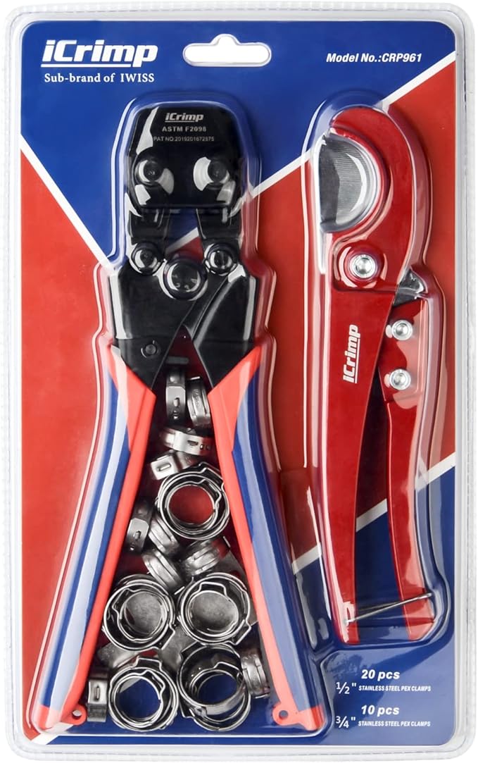 iCrimp PEX Pipe Quick Cinch Tool Set for Stainless Steel Clamp from 3/8-inch to 1-inch with Pex Cutter, 20pcs 1/2-inch and 10pcs 3/4-inch Stainless Steel Clamps included
