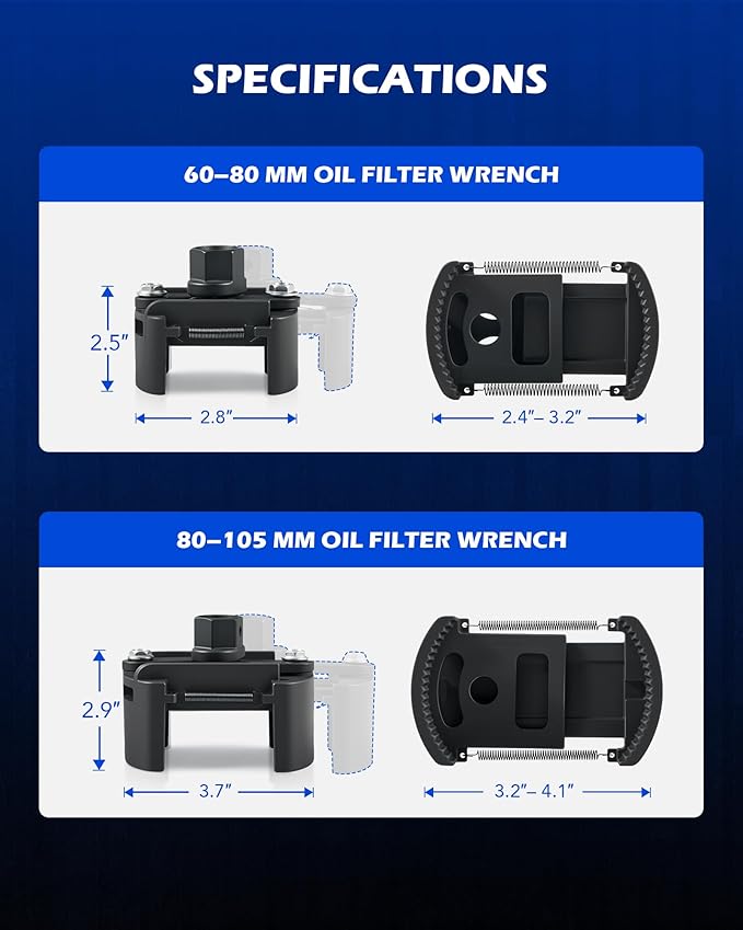 Orion Motor Tech 2 pc. Oil Filter Removal Tool, 60-80 mm & 80-105 mm Adjustable Oil Filter Wrench, Oil Filter Removal Tool, 1/2" & 22 mm Drive Universal Oil Filter Wrench, Black