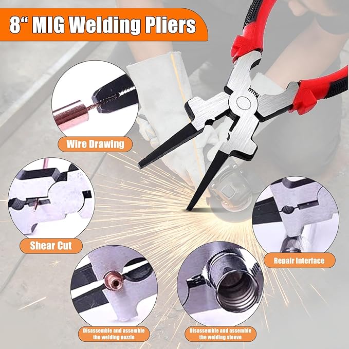 9Pcs Mig Welding Accessories Tools Kit for Beginners,10.5"Chipping Hammer Welding,9.5"Wire Brush,13.5"Leather Welding Gloves,8"MIG Welding Pliers,25LB Welding Magnet,Wire Metal Sheet Thickness Gauges