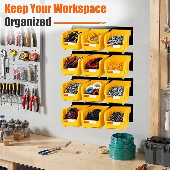 12pc Wall-Mounted Storage Organizer Set with Metal Rails Yellow | Heavy duty tool organization box with metal rails. Ext 7"x5"x4" for garage screws nuts bolts.