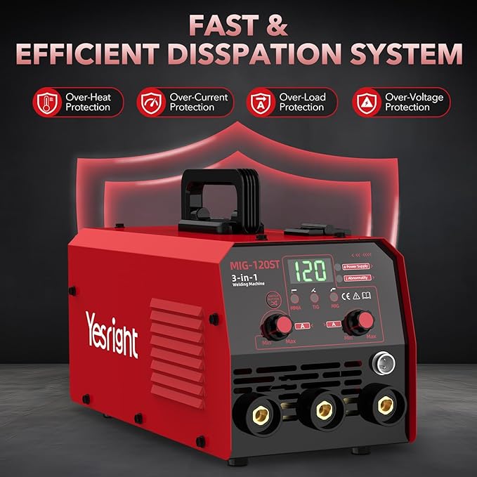 120A Mig Welder, 3 IN 1 Gasless Flux Core MIG/Lift TIG/Stick Welder Machine with Synergy, 110V Multiprocess Welding Machine with Welding Googles Rods Wire for Beginners & Professionals