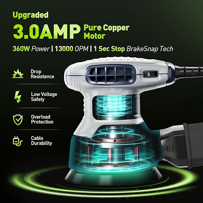 5-Inch Random Orbital Sander, 3Amp Electric Corded Palm Sander with 6 Speeds (6000-13000 OPM), Dustless Dust Bag & Vacuum Adapter, 15 Sandpapers for Woodworking, Furniture Refinishing, Paint Removal