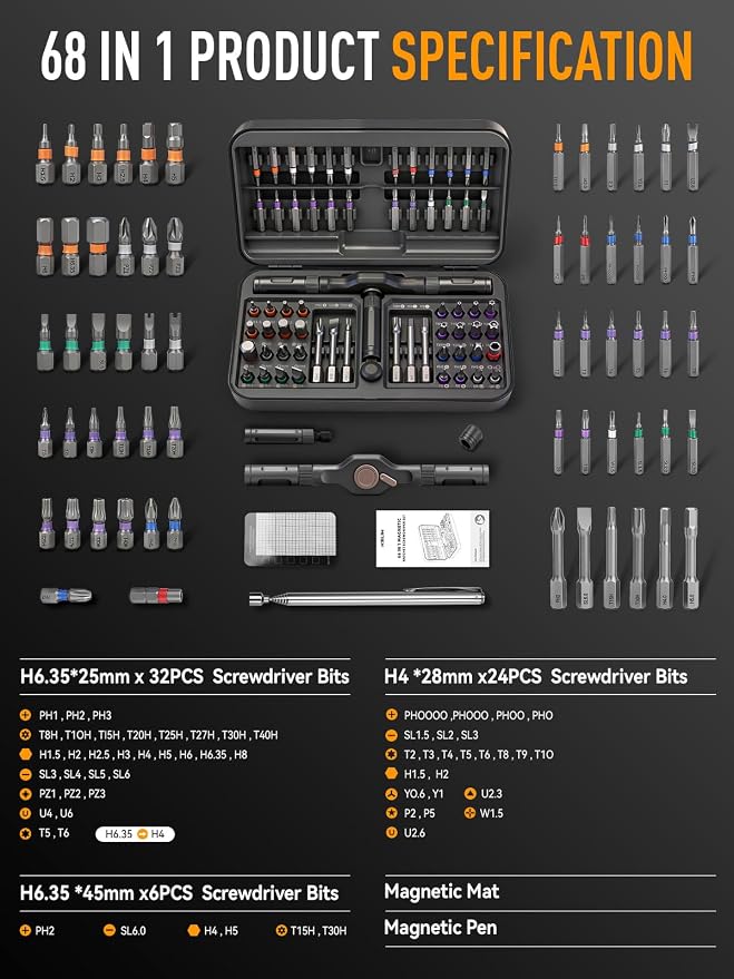 KELIN 68 IN 1 Magnetic Ratchet Screwdriver Set, T Handle Ratchet Screwdriver Kits with S2 Steel Bits for Home Daily Repair, Precision Electrical Appliance Repair, for Men Husband