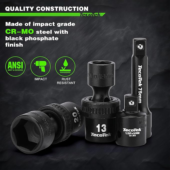 TecoTek 19 PCS 3/8" Drive Shallow Universal Impact Socket Set, Swivel Socket Set, 8-22mm, Metric Socket Set with Flexible Wobble, Cr-Mo Steel, Includes Extension Bars and Adapter