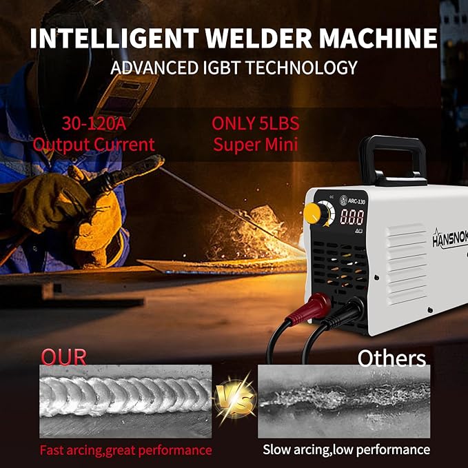 HANSNOK 130A Mini Stick Welder Super MINI Portable 110V ARC Welding Machine IGBT Inverter with Hot Start & Anti-Stick Small Welder for Beginners for 1/16"-1/8" Rod ARC Welder, 2 Chip Hammers