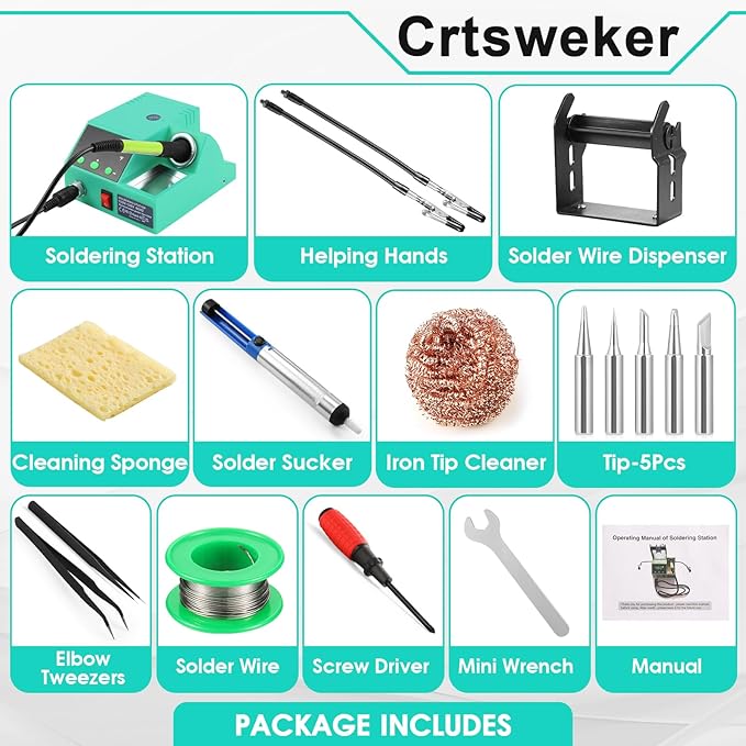 Soldering Station, 100W Digital Display Soldering Iron Station Kit with 2 Helping Hands, 356°F - 896°F, Auto Sleep, °C/°F Conversion, Solder Wire, Tips, Stand, Pump, Tweezers, Tip Cleaner, Cyan