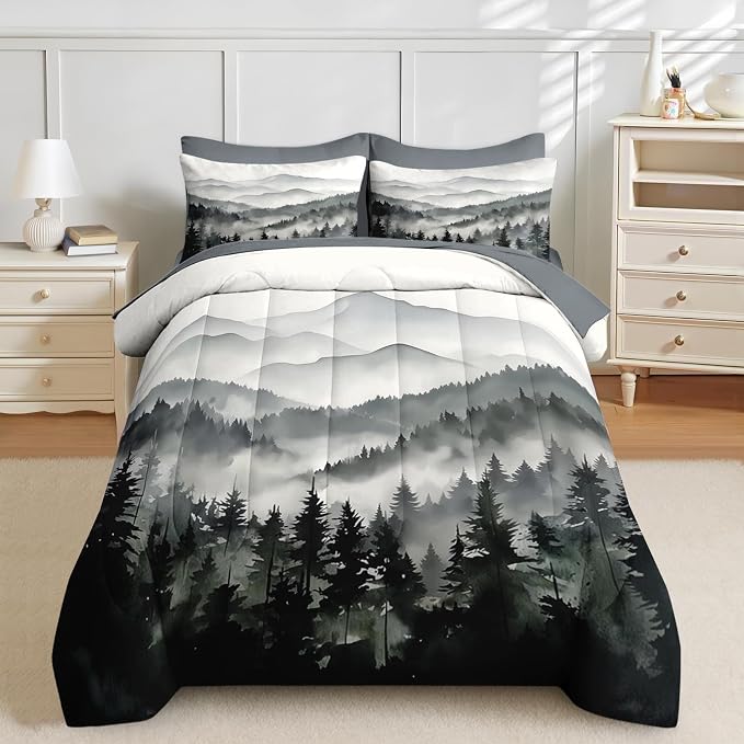Nesker Comforter Set Twin Size, Ink Forest 5 Pcs Bedding for Kids and Adults, Misty Mountains Bed Sheet Sets with Fitted Sheet Pillowcase & Sham
