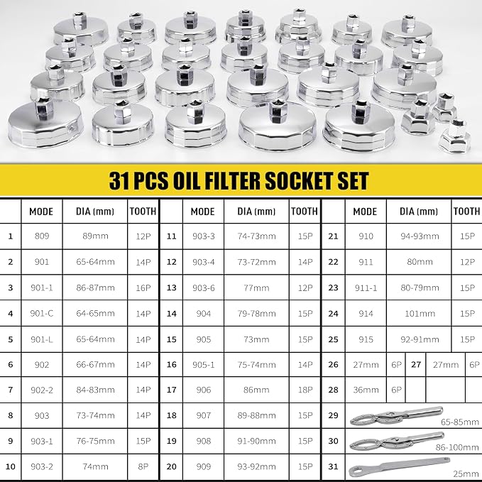 31PCS Oil Filter Wrench Set, Stainless Steel Oil Filter Cap Socket, 1/2" Drive 27mm 32mm 36mm 64mm-101mm Oil Filter Removal Tool, Compatible with VW, Ford, Honda, Toyota, Nissan, Audi, BMW, etc