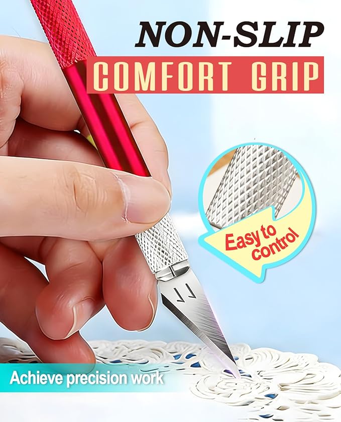 DIYSELF Craft Knife with 10 Extra #11 Blades, Precision Hobby Knife Set with Steel Ruler, Exacto Knife for Crafting, Polymer Clay, Pottery, Paper, Vinyl, Stencil & Model Making (Red)
