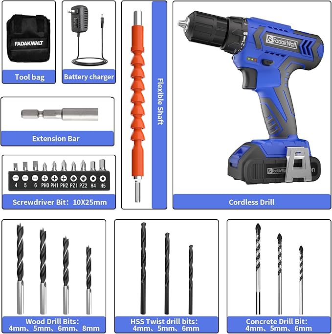 FADAKWALT 20V MAX Cordless Drill Set,Power Drill Kit with Lithium-Ion and charger, 3/8-Inch Keyless Chuck, 2 Variable Speed 21+1 Torque Setting Power Tools Kit，280 inch-lbs with LED Electric Drill Set