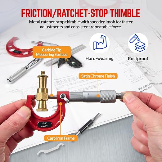 Premium Outside Micrometer Set 0-6" / 0.0001" (0-1"/ 1-2"/ 2-3"/ 3-4"/ 4-5" /5-6") Precision Machinist Tools w/Carbide Tips, Standards, Ratchet Stop