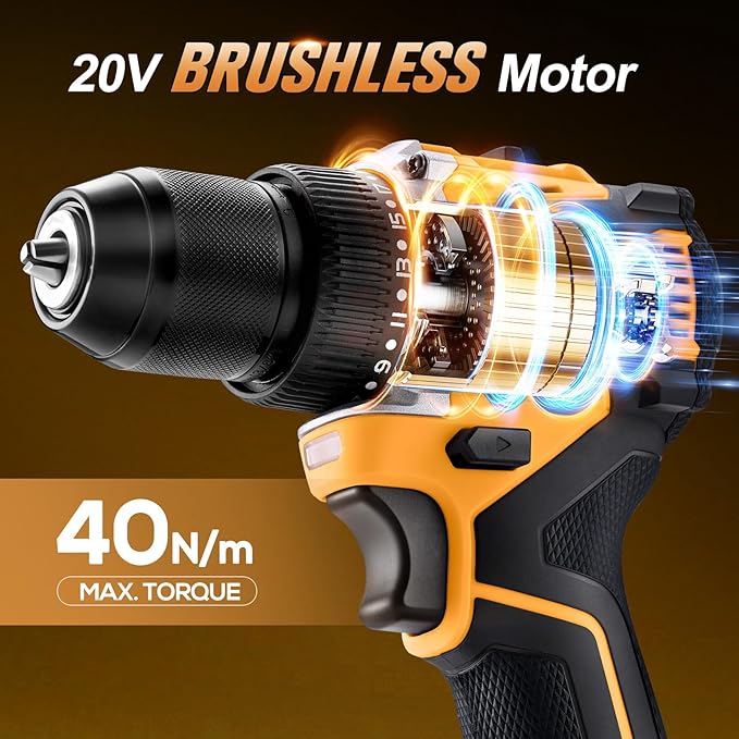 20V Brushless Cordless Drill/Driver, Compact Power Drill Set, Yellow Rechargeable Lithium-Ion Drill Kit, including 2.0Ah Battery, Charger and 3/8-inch Keyless Chuck