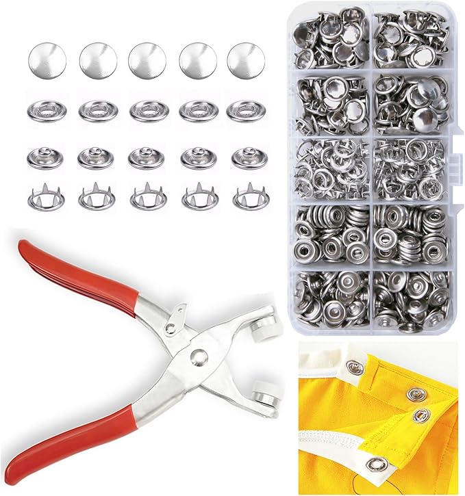 GTAAOY 100 Sets Metal Snaps Buttons with Fastener Pliers Press Tool Kit Perfect for DIY Crafts Clothes Hats and Sewing, Snap Button Fasteners Kit for Clothing Sewing(9.5mm / 400 PCS)