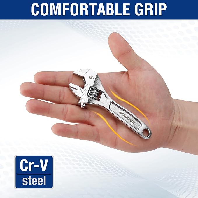WORKPRO Adjustable Wrench, 4-inch Heavy Duty Spanner with Inch/Metric Scale, Premium Cr-V Steel, Chrome Plated