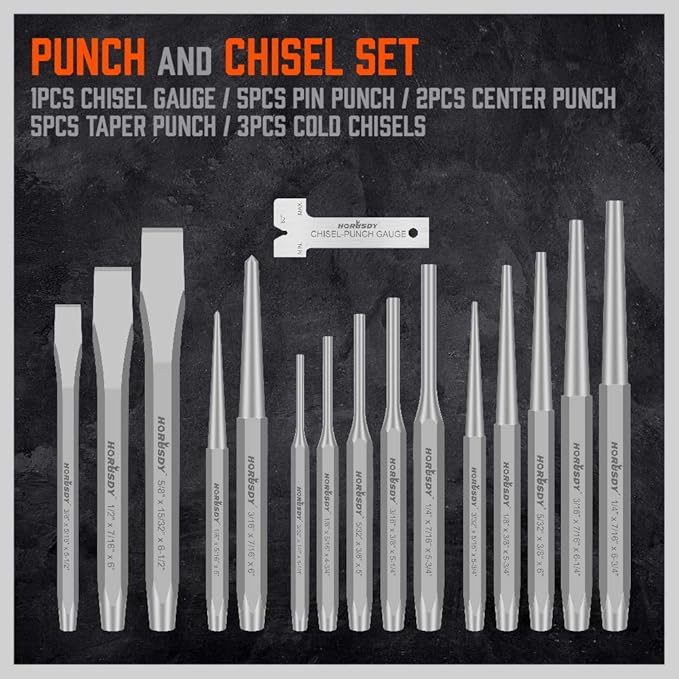 HORUSDY 16-Piece Punch and Chisel Set, Including Taper, Cold Chisels, Pin, Center