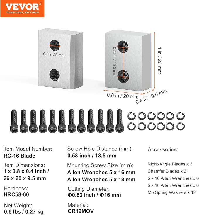 VEVOR Electric Rebar Cutter Replacement Blades 6 PCS 16mm(5/8 Inch) - HRC58-60 Hard Jaw Blades with 12 Hex Screws & Spring Washers, Fit RC-16