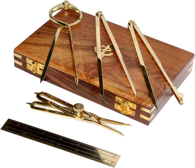 Proportional Divider Set of 5, Full Brass dividers with Executive Wooden Box, Single Handed 8" Brass Navigational Dividers Compass Set for Maritime, Naval, Geometry and Drafting