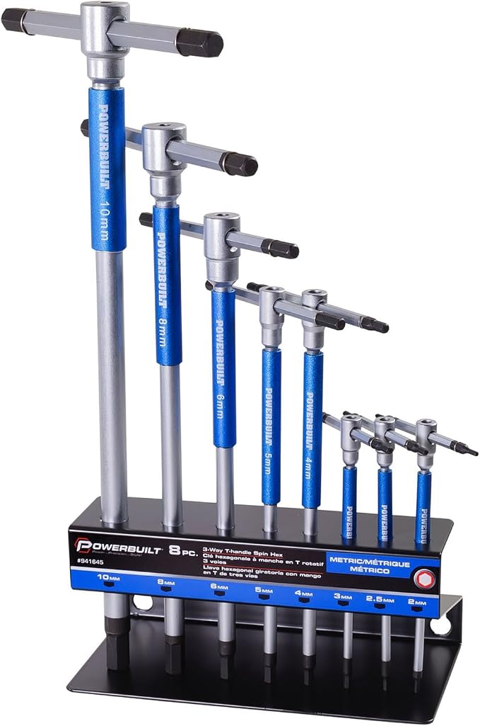 Powerbuilt 8 Pc Metric T-Handle Hex Allen Key Wrench Set w/ Speed Sleeves for Fast Spinning Action, Sliding Top Handle for “T” or “L” Shape, Long Shafts, Storage Rack, Auto, Bicycle, Moto - 941645