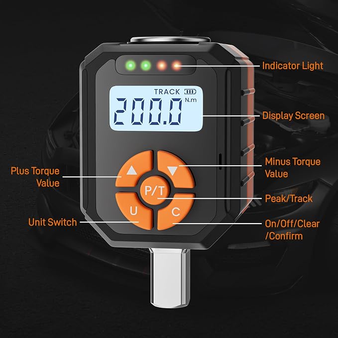 1/2" Digital Torque Wrench Adapter Set, 7.3-147.5 Ft.lb/10-200 N.m Electronic Torque Adapter with Buzzer & LED Indicator for Automotive Motocycle Car Repair