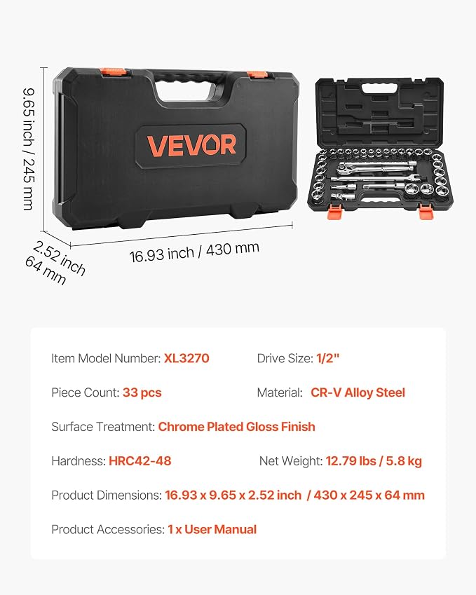 VEVOR Socket Set, 33 Pieces, 1/2 inch Drive Socket and Ratchet Set, SAE and Metric, Mechanic Tool Kit with Ratchet Wrench, Extension Bar and Storage Case, CR-V Alloy Steel, for Automotive Repair | SAE and Metric, Mechanic Tool Set with Ratchet Wrench, ...