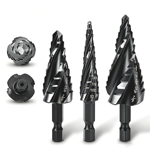 3PCS Titanium Step Drill Bit - Four Spiral Flute HSS Step Bit, Sizes from 1/8" to 7/8" with 1/4" Hex Shank, Steps Bits for Metal, Aluminum, Wood & Plastic, for Electricians & DIY