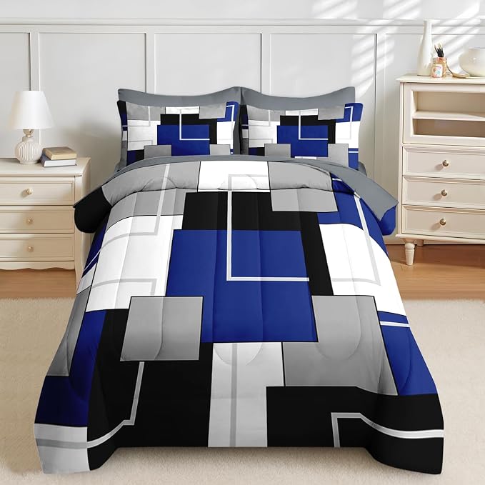 Nesker Comforter Set Twin Size, Blue Black Geometric 5 Pcs Bedding for Kids and Adults, Abstract Modern Grey Bed Sheet Sets with Fitted Sheet Pillowcase & Sham