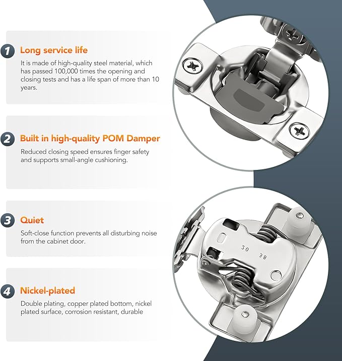 20 Pack (10 Pairs) 1-1/4" Overlay Soft Close Cabinet Hinges, Satin Nickel Stainless Steel Concealed Hinges with 3D Self-Closing for Face Frame Doors & Kitchens