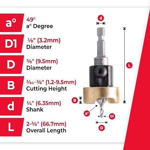 Amana Tool 55227 Carbide Tipped 82 Degree Countersink Set with Adjustable Drill Bit Depth Stop and No-Thrust Ball Bearing 3/8 Dia x 1/8 Drill Dia x 1/4 Inch Quick Release Hex Shank