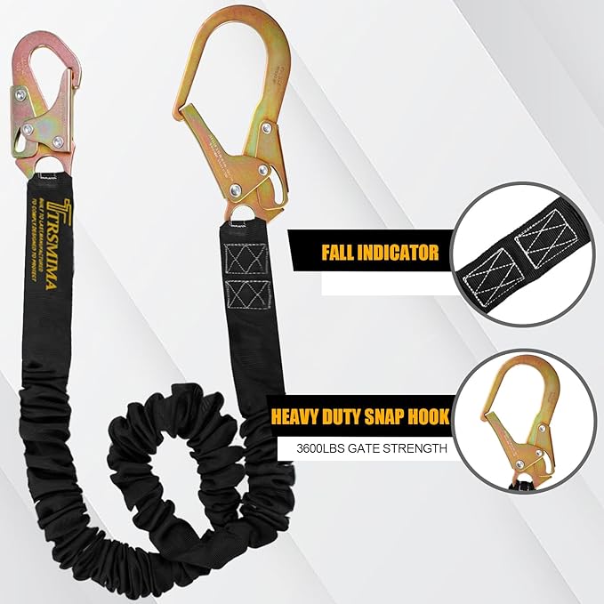 TRSMIMA Safety Harness Lanyard Retractable - Fall Protection Climbing Tree Strap 6 FT Single Leg Internal Shock Absorbing with Hook | Fall Protection 6 FT Single Leg Internal Shock Absorbing with Snap Hook