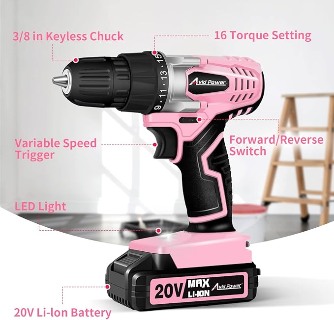 AVID POWER 20V Cordless Drill Set for Home DIY & Beginner Projects - Lightweight Power Drill with Battery Charger & 22 Bits, Variable Speed, 3/8" Keyless Chuck, Ideal for Furniture Assembly (Pink)