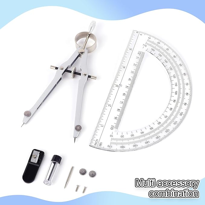 Unjoo Compass and Protractor Set, Professional Drawing Compass Tool, Metal Compass with Extra Refills, Compass for Geometry and 6 Inch Math Protractors 180 Degree (Black)